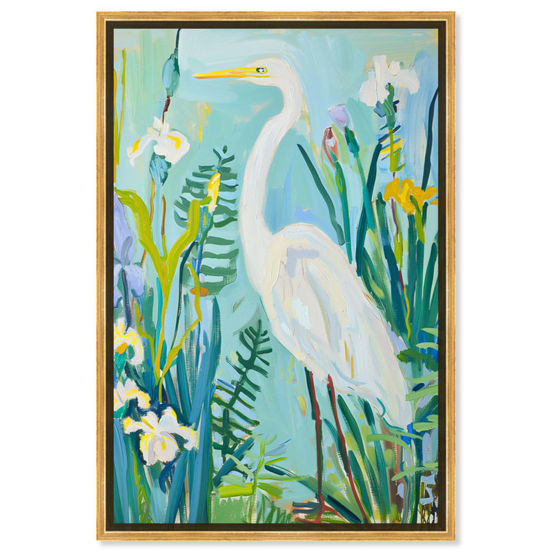 «White Heron Blues», art mural abstrait floral bleu par Art Remedy, Cadre doré, H 46 po x l 31 po