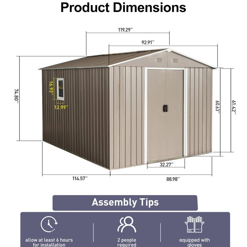 Remise de rangement grise en métal 8 pi x 10 pi avec base - construction robuste en acier galvanisé, fenêtre, évents perforés pour une circulation d'air optimale, structure de trousse d'assemblage facile à cadenas pour portes coulissantes, ventilation améliorée,
