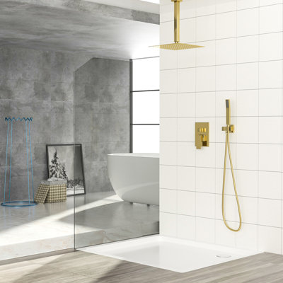 1.8 Gpm Shower Kit, Gold - 12 Inch Ceiling Mount Dual Head, Stainless Steel, Square Rainfall & Handheld, Valve Head System, With Valve, Gpm, And Balance