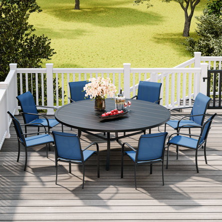 8 Person Patio Dining Set with 53" Round Metal Dining Table and 8 Stackable Textilene Chairs