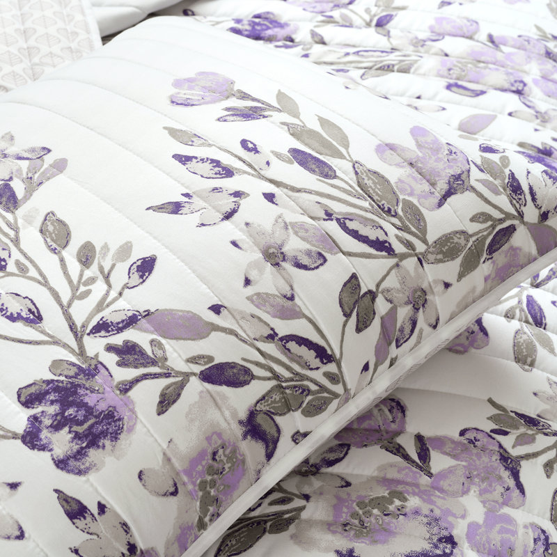Gray and Purple Floral Reversible Microfiber Full Quilt Set