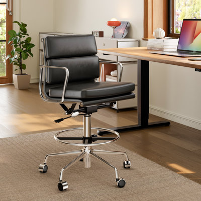 Ergonomic Drafting Chair, Tall Standing Desk Chair with 19.7" Adjustable Foot Ring, Class‑4 Gas Lift, Rocking Recline, Full Aluminum Frame & Genuine Leather for Drawing Table Lab Home Office
