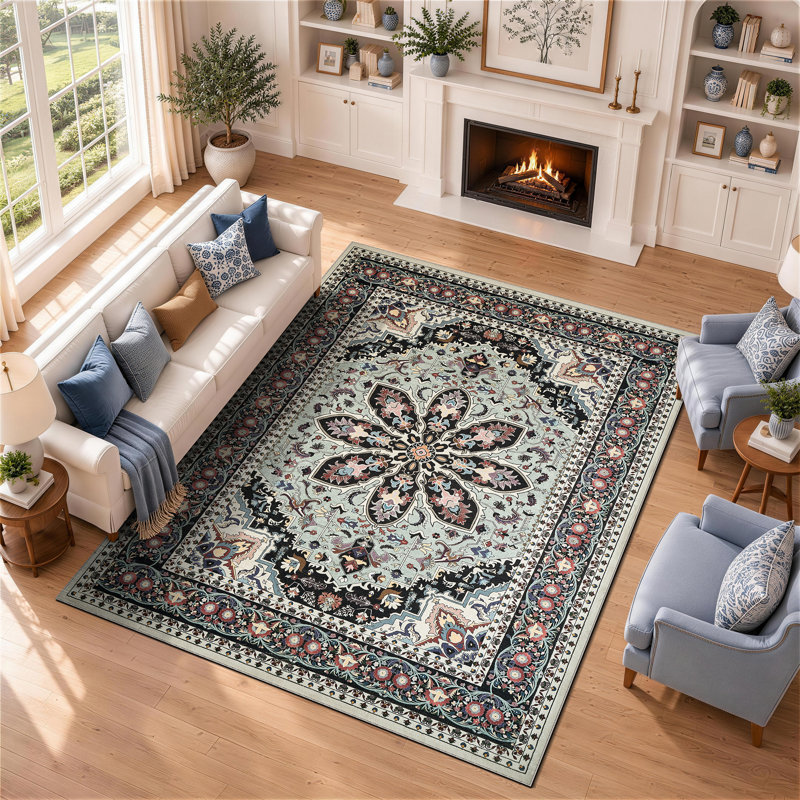 Tapis antidérapant lavable en machine à motif floral vintage - Vert et crème, Rectangle 5 pi x 7 pi