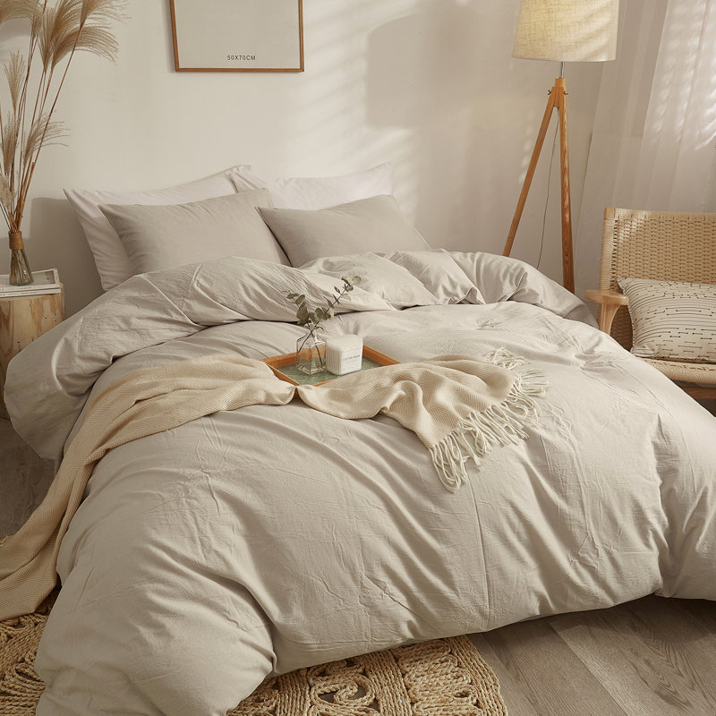 Ensemble de housse de couette douce en coton délavé Boho, Brun clair beige, Housse de couette pour très grand lit et 2 taies 