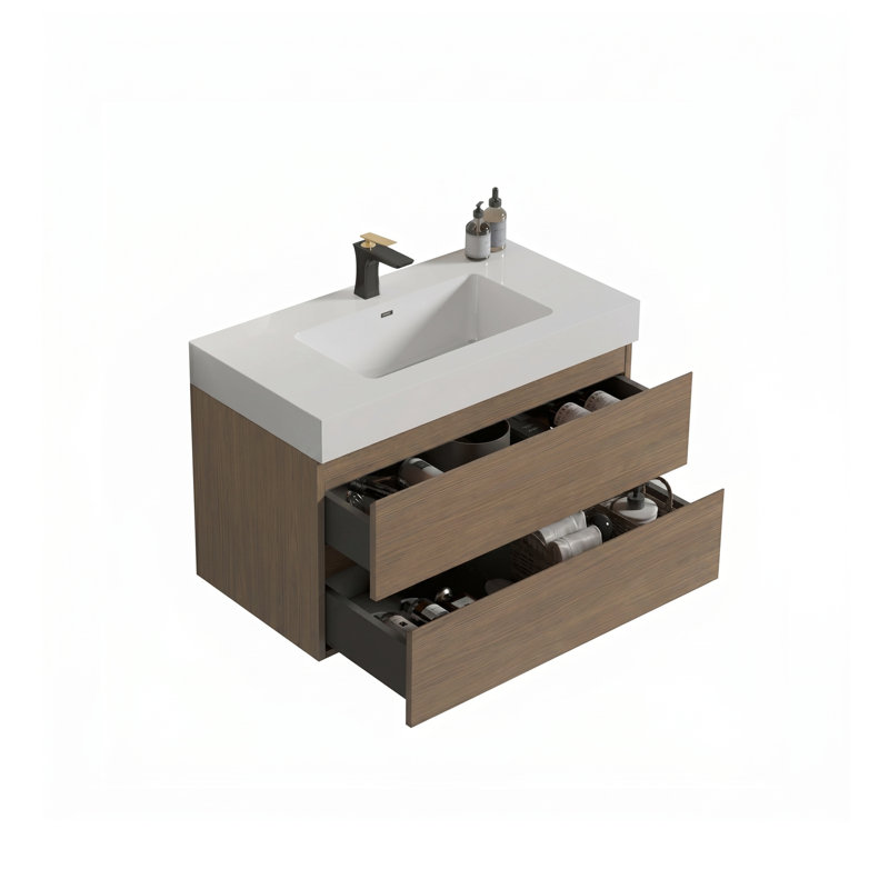 Meuble-lavabo mural noyer brun avec lavabo, grand meuble-lavabo flottant mural pour salle de bain moderne, lavabo une pièce sans drain et robinet, pré-assemblé