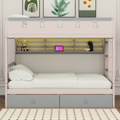 Bunk Bed With Storage Drawers, Playhouse Bed Frame With Shelf And LED Light, Geometric Window Style Railing
