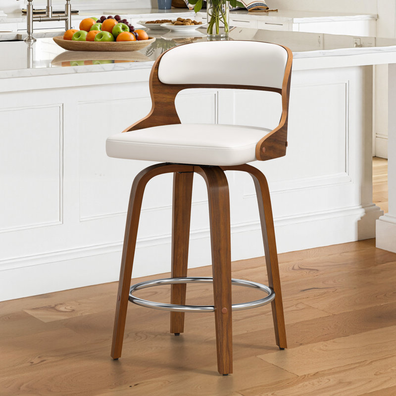 Adelene Swivel Upholstered Counter Stool, White, Walnut