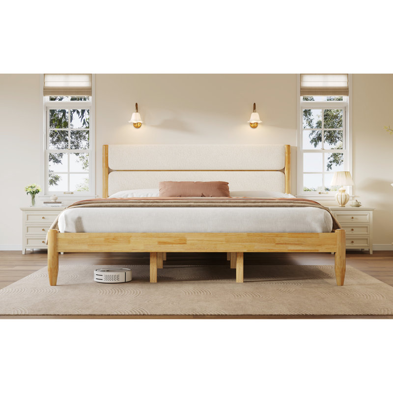 Lit très grand avec conception en bois massif, tête de lit rembourrée en molleton de luxe, quatre pieds fuselés, cadre de rangement sous le lit en bois d'hévéa, support central, pieds pour le style