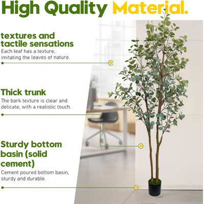 Grand arbre de 8 pi en fausse eucalyptus avec des feuilles vertes luxuriantes - Eucalyptus artificiel pré-mis en pot dans un pot de fleurs noir, arbre d'intérieur réaliste parfait pour le salon, la décoration de bureau, le style de coin et le cadeau de pendaison de crémaillère