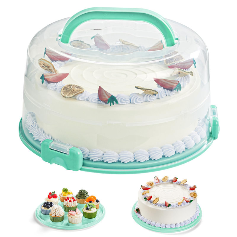 Cake Carrier With Lid And Handle, Two Sided Cupcake Carrier Holder For 10” Cake Or 9 Standard-Sized Cupcakes, Plastic Round Cake Transport Storage Container Stand For Pies And Cookies, Green