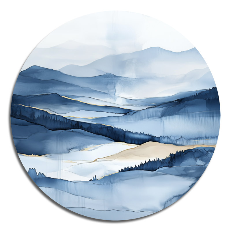 «Blue Mountain Horizon», aquarelle paysage - montagnes, art mural rond en métal, L 29 po x H 29 po
