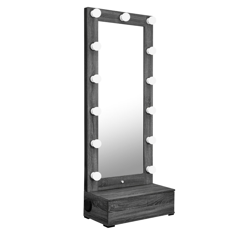 Miroir de plancher gris avec tiroir, DEL et haut-parleurs, bois massif + fabrication, idéal pour les petits espaces de yoga en bois +, saunas parfaits