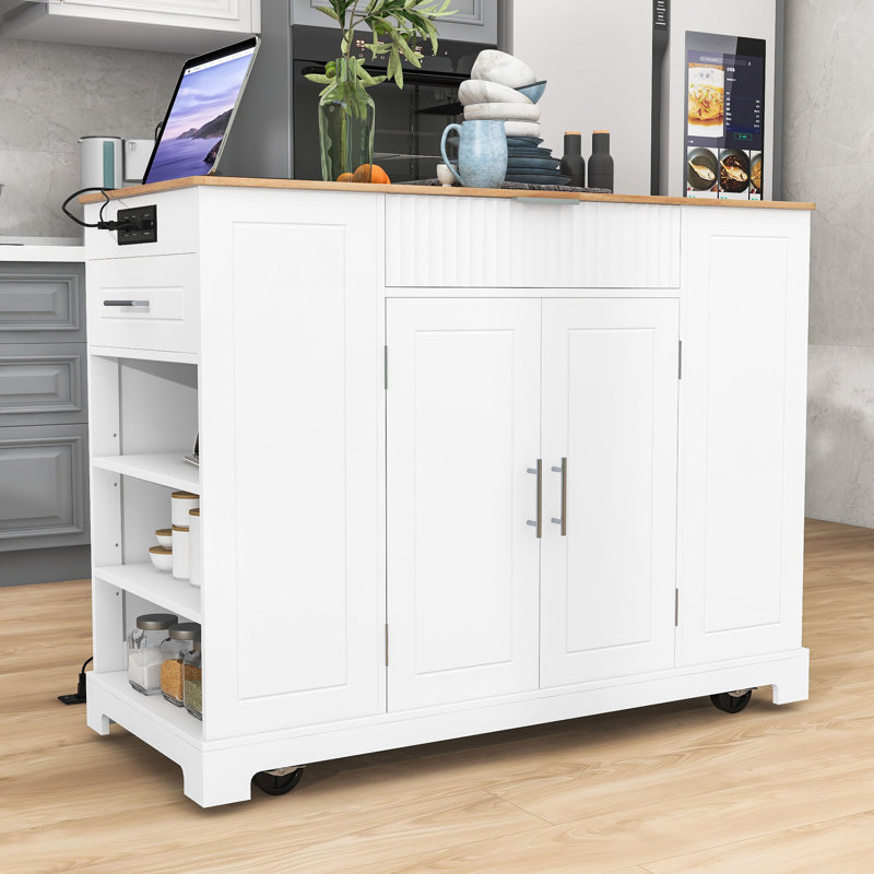 Rolling Kitchen Island with Shelves, 3 Drawers and Power Outlet, White