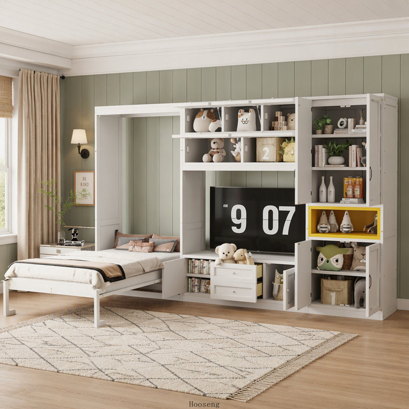 Lit escamotable double en bois avec meuble télé, 2 tiroirs, étagères et placards, blanc