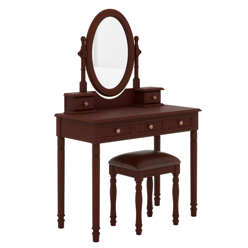 Bureau de maquillage vintage avec miroir à angle réglable et tabouret rembourré, 5 tiroirs de rangement