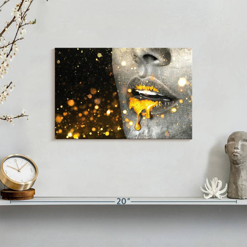 «Gold Glitter Lips Paint Drip» sur toile, H 8 po x l 12 po x P 1 po