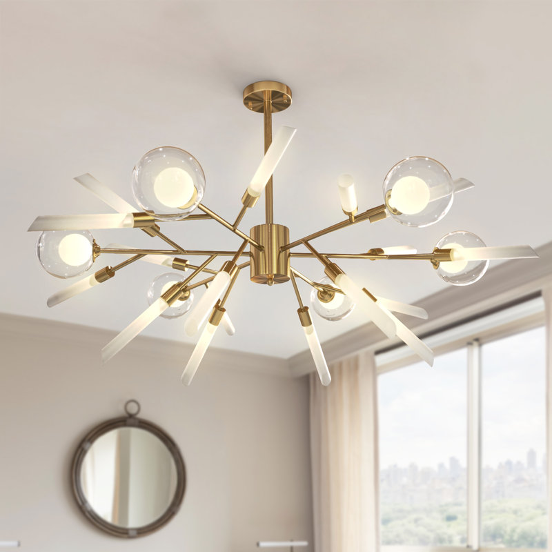 Kahmiyah 39.37" 24-Light Dimmable Sputnik Modern Linear Chandelier, Gold Sputnik Pendant Light, White