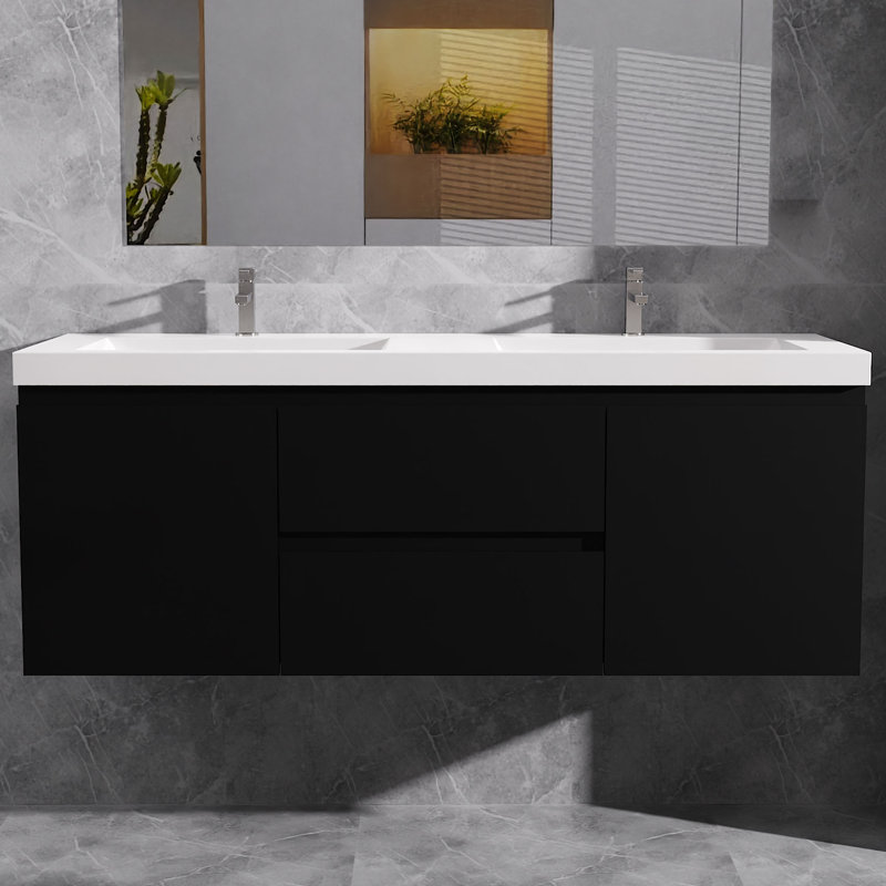 Meuble-lavabo flottant simple 60 po avec lavabo à surface solide Dhruven