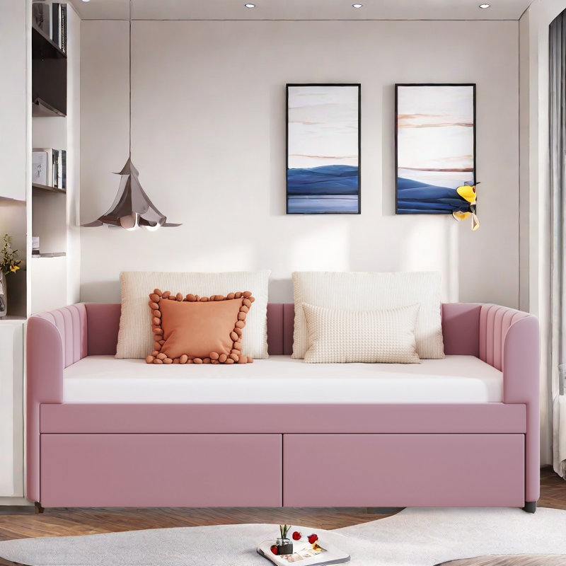 Upholstered Daybed With Ergonomic Design Backrest And 2 Drawers, Pink