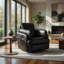 Modie Swivel Glider Recliner Chair with One Pull Motion, Black Leather