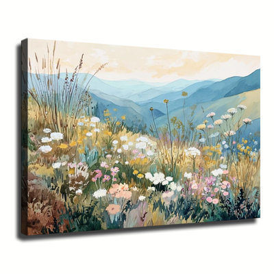 Aquarelle, paysage de vallée de montagne de fleurs sauvages, grande reproduction d'art sur toile tendue pour salon, chambre à coucher