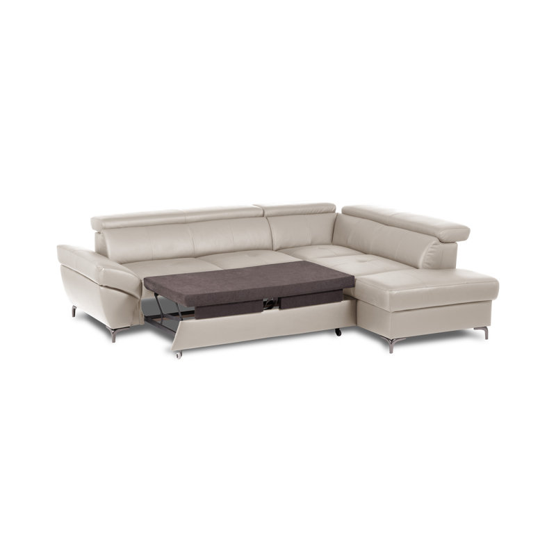 CAPRI Genuine Leather Corner Sofa with Pull-Out Bed and Storage and Adjustable Headrests, Beige, Right Hand Facing