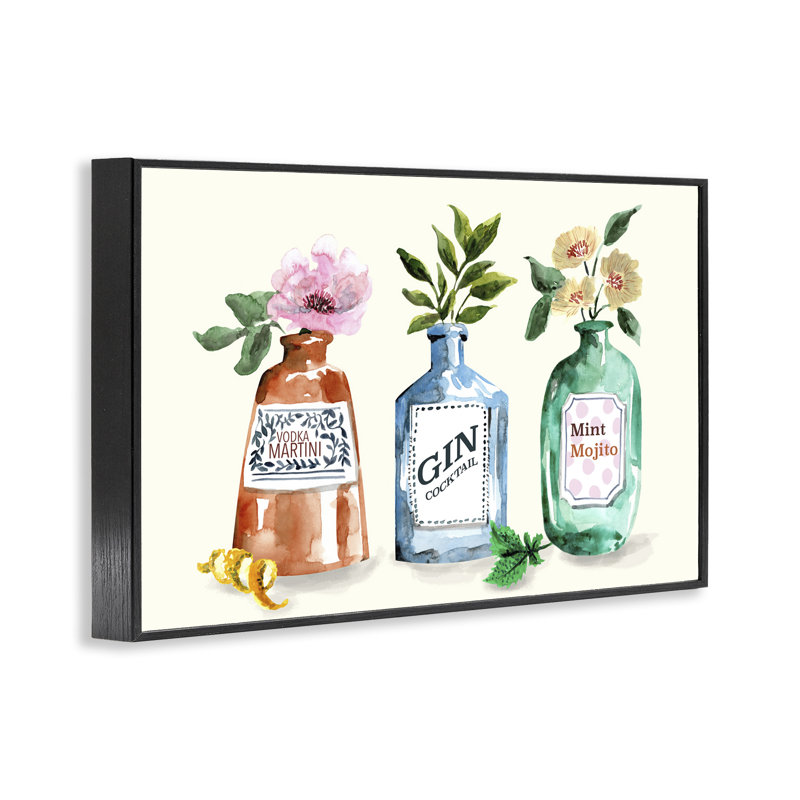  Floral Alcohol Bottles Black Framed Giclee Art by Kate Eldridge, H 12 po x l 18 po, Giclée encadrée noir minuit
