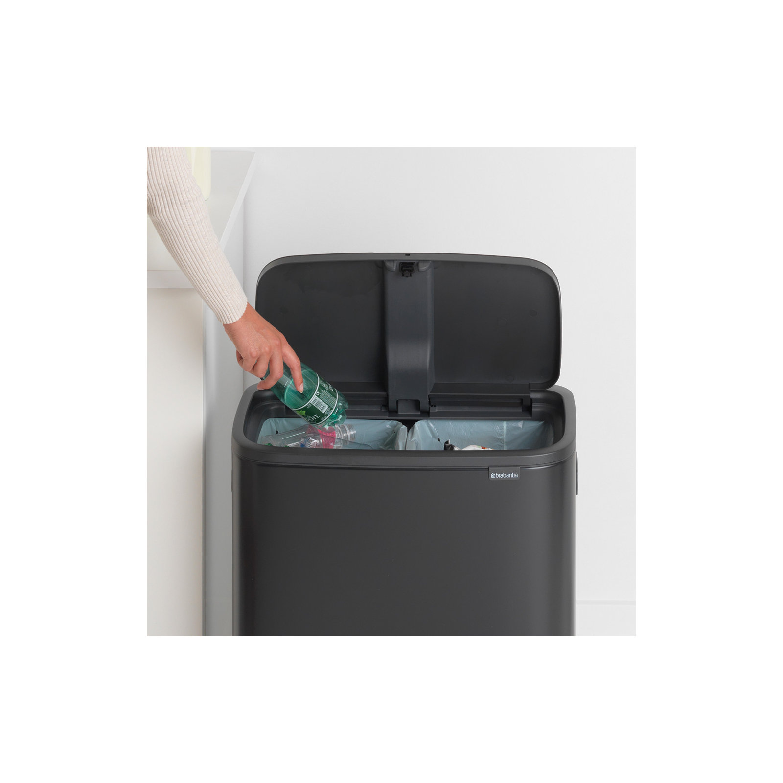 Brabantia Bo Touch Top Dual Compartment Recycling Trash Can, 2 x 8 Gallon (16 Gallon Capacity), Matte Black