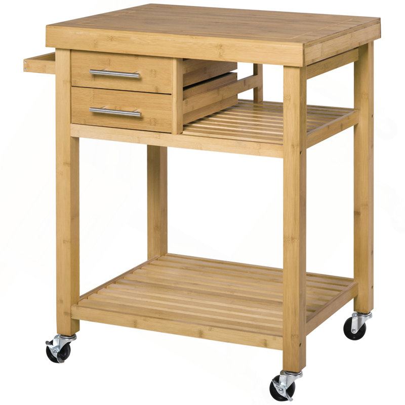 Îlot de cuisine en bambou sur roulettes, chariot utilitaire avec 2 tiroirs de rangement et tablettes ouvertes, ton bambou