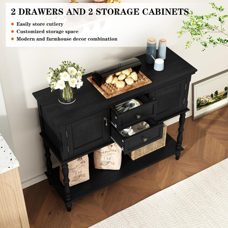 Console de 42 pouces avec 2 tiroirs et 2 armoires rétro avec tablette ouverte pour le salon, Noir