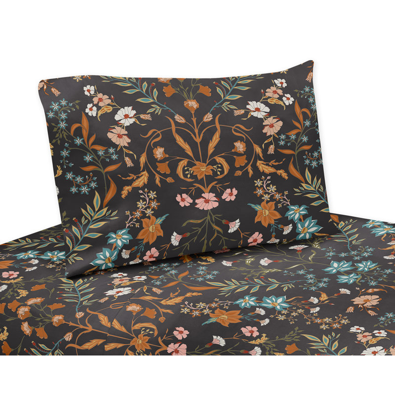 Boho Floral Wildflower Black and Orange Queen Microfiber Sheet Set