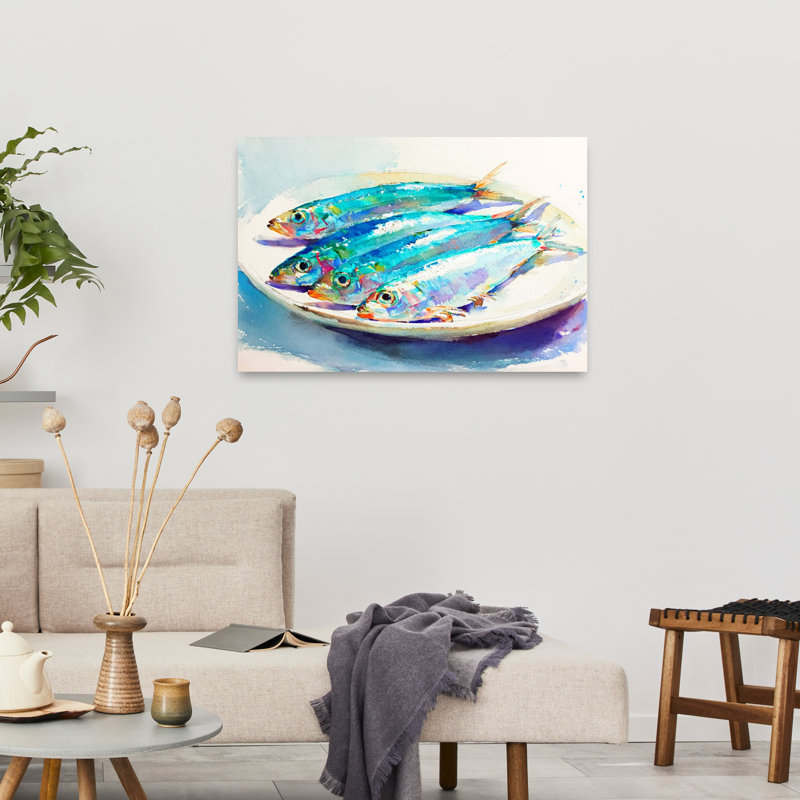 «Vibrant Fresh Sardines Colorful Vibrant Contemporary Fish Ocean», art mural, H 24 po x l 36 po