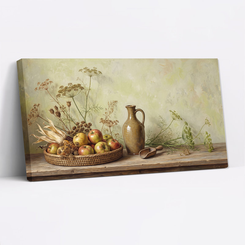 Tableau sur toile représentant un panier tressé de pommes et d'herbes séchées sur une table en bois, 20"W x 10"H