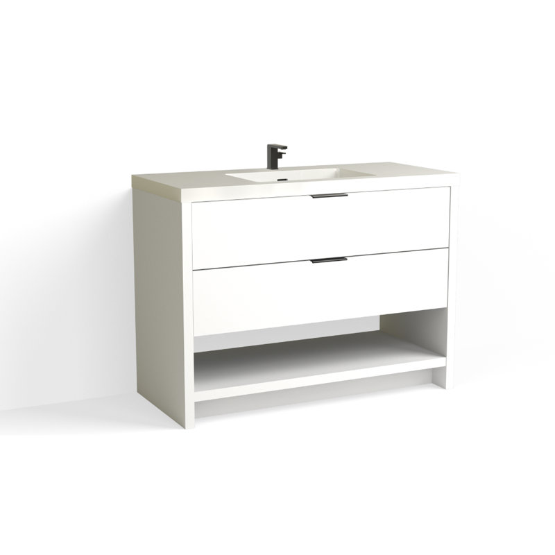 Vue 48" W Freestanding Single Bathroom Vanity, Glossy White/Single, Matte Black, White Nanomatte