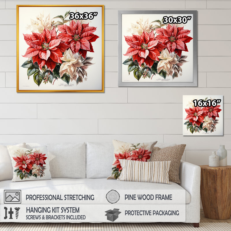 Charmant poinsettias sur toile, H 30 po x l 30 po x P 1 po, Cadre simple blanc