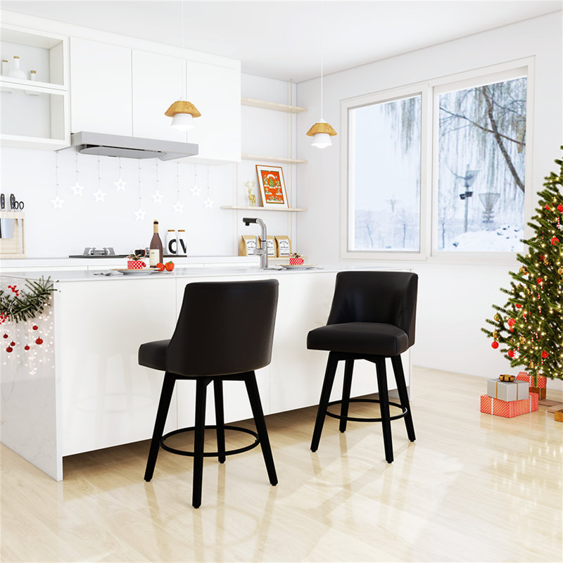 Loriell Swivel Bar & Counter Stools with Solid Wood Frame, Black, 2, Counter Stool (26” Seat Height)