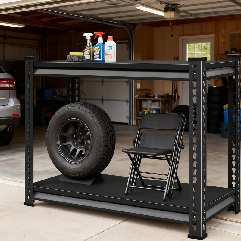 Étagère de garage robuste à 2 niveaux, support de rangement en métal d'une capacité de 900 lb pour le garage, le sous-sol, l'entrepôt et l'organisation utilitaire