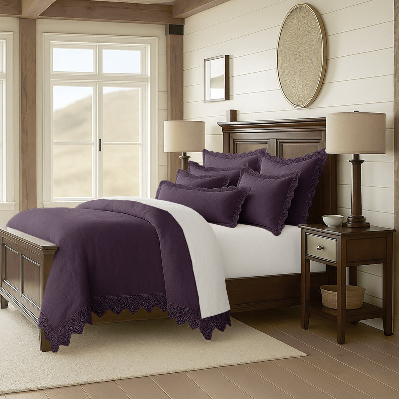 Ensemble de housse de couette en coton aubergine Elsie 6 pièces, Housse de couette très grand lit californien + 5 