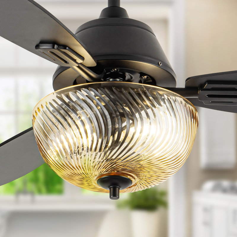 42"W Cecily LED Indoor Amber Swirl Hand-Cut Glass Ceiling Fan With Remote Control, Black