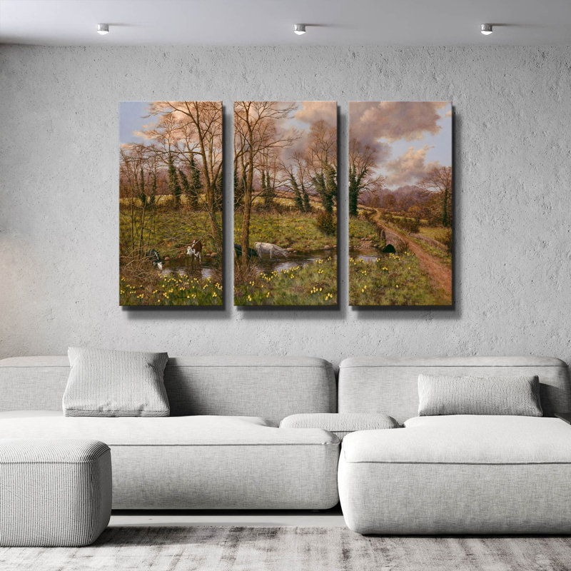 « Bétail et jonquilles » de Bill Makinson, triptyque mural, 152 x 102 cm, 60 po x 40 po