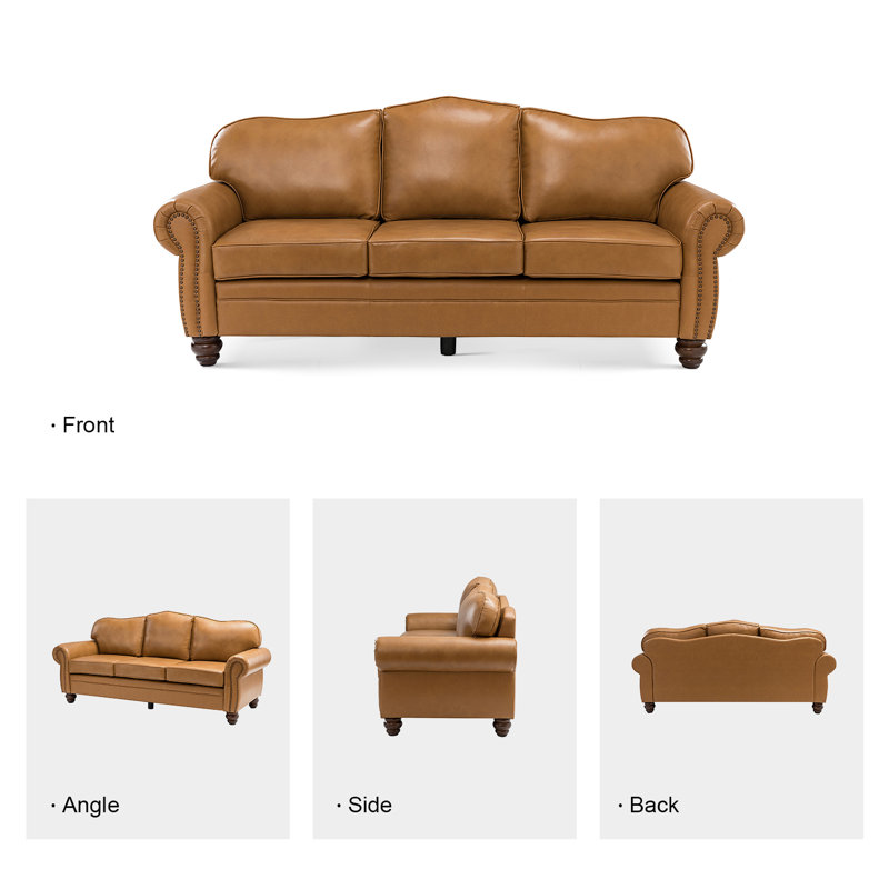 Damore 81'' Wide Genuine Leather Sofa, Camel Genuine Leather