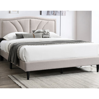 Brown Burlap Upholstered Full Size Bed With Sloped Curve Headboard And Nailhead Trim For Bedroom Refresh Blueprint Modern Design Improvement