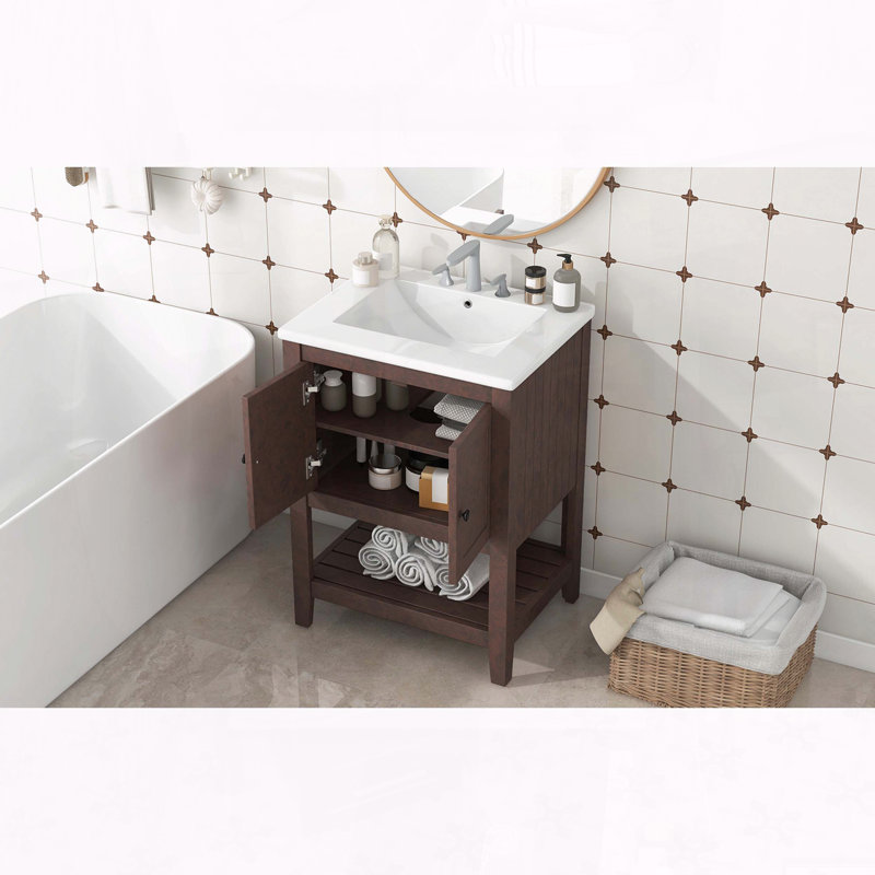 Meuble-lavabo en bois massif 24 po avec lavabo, armoire et tablette ouverte, design Morandi, Brun