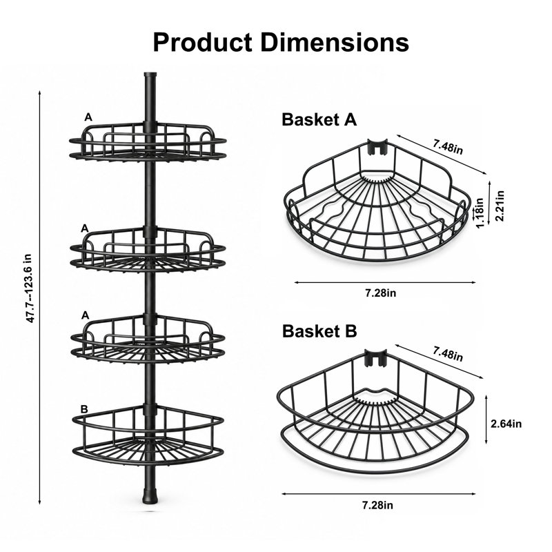 Étagère de douche d'angle à barre de tension sans perçage, 4 niveaux, hauteur réglable de 121,1 cm à 313,8 cm, noire résistante à la rouille