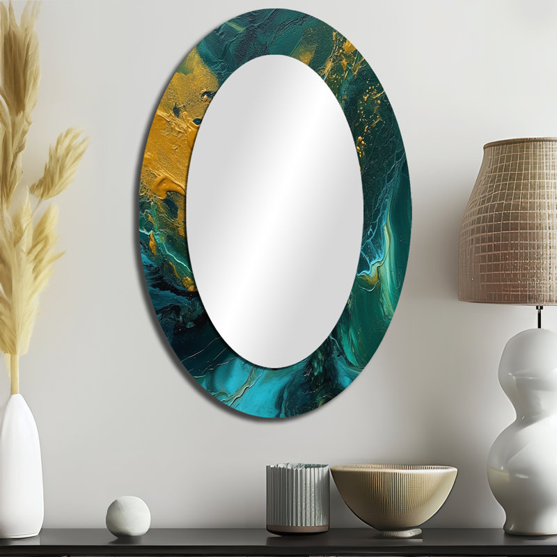 Coucher de soleil doré sur un océan de sarcelle abstrait, peinture abstraite IV - miroir décoratif ovale abstrait sur métal