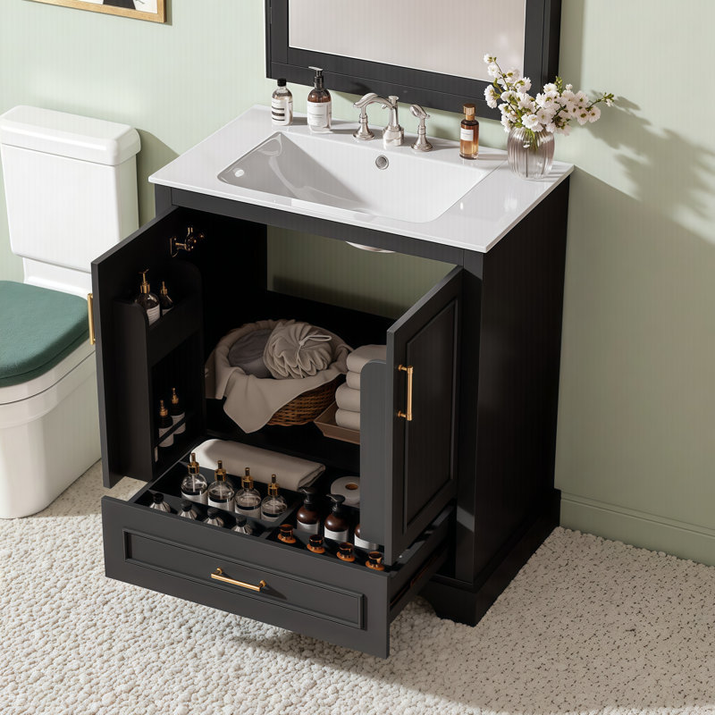 Meuble-lavabo autoportant élégant et moderne | Portes à fermeture en douceur et rangement intelligent | Lavabo en céramique au design élégant