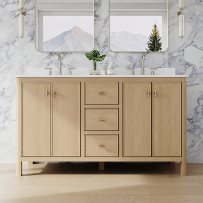 60"Wx35"H Freestanding Light Oak Solid Wood Bathroom Vanity with Quartz Countertop And Undermount Ceramic Double Sink