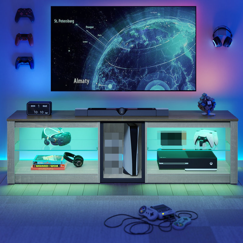 Brahma 63" TV Stand, Gaming Media console for PS5, LED Entertainment Centre with Glass Shelves, White Wash