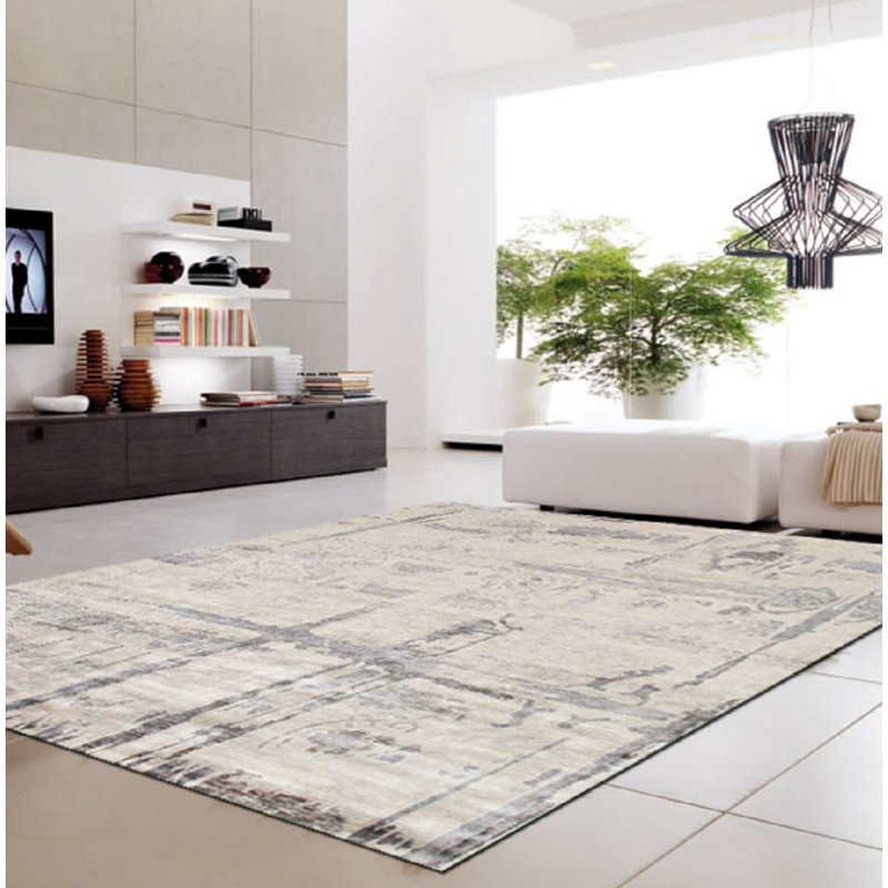 Modern Hand Knotted Abstract Area Rug in Ivory/Grey, Rectangle 6' 1" X 8' 7"