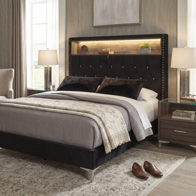 Upholstered Velvet Bookcase Bed with Shelves
